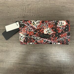 Ed Hardy Multicolor Skull and Roses tattoo snap closure Wallet